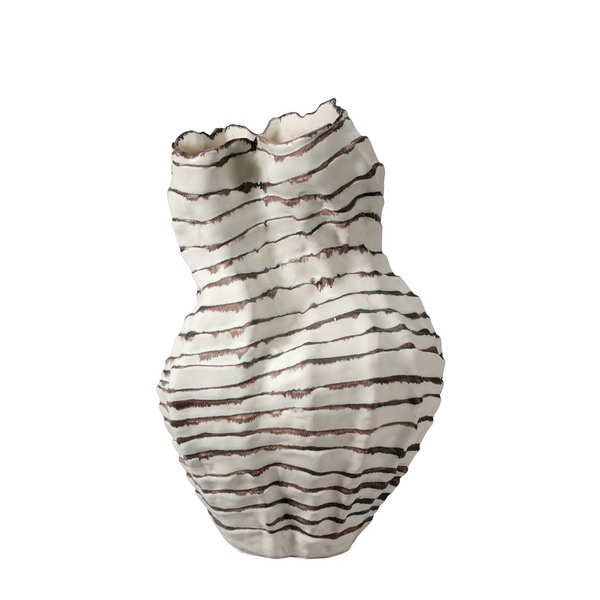 The Cocoon Vase - 15.5″ by Jamie Young features a white, irregular shape with horizontal brown wavy stripes and a ruffled rim, shown against a plain white background.