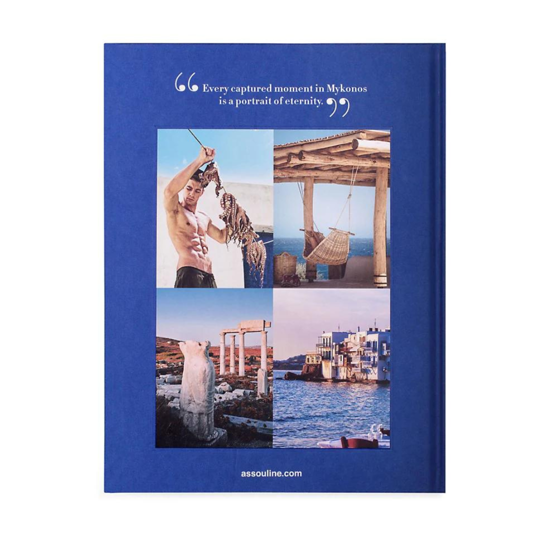 A blue Assouline Travel Series - Mykonos Muse book cover features four photos: a man with an octopus, a hammock under a pergola, a statue near ruins, and white seaside buildings. Top text says: “Every captured moment in Mykonos is a Greek island vacation.”.
