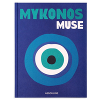 The Travel Series - Mykonos Muse book cover by Assouline features a striking blue background with eye-like concentric circles, recalling the charm of a luxury beach getaway. The brand name, Assouline, is displayed at the bottom.