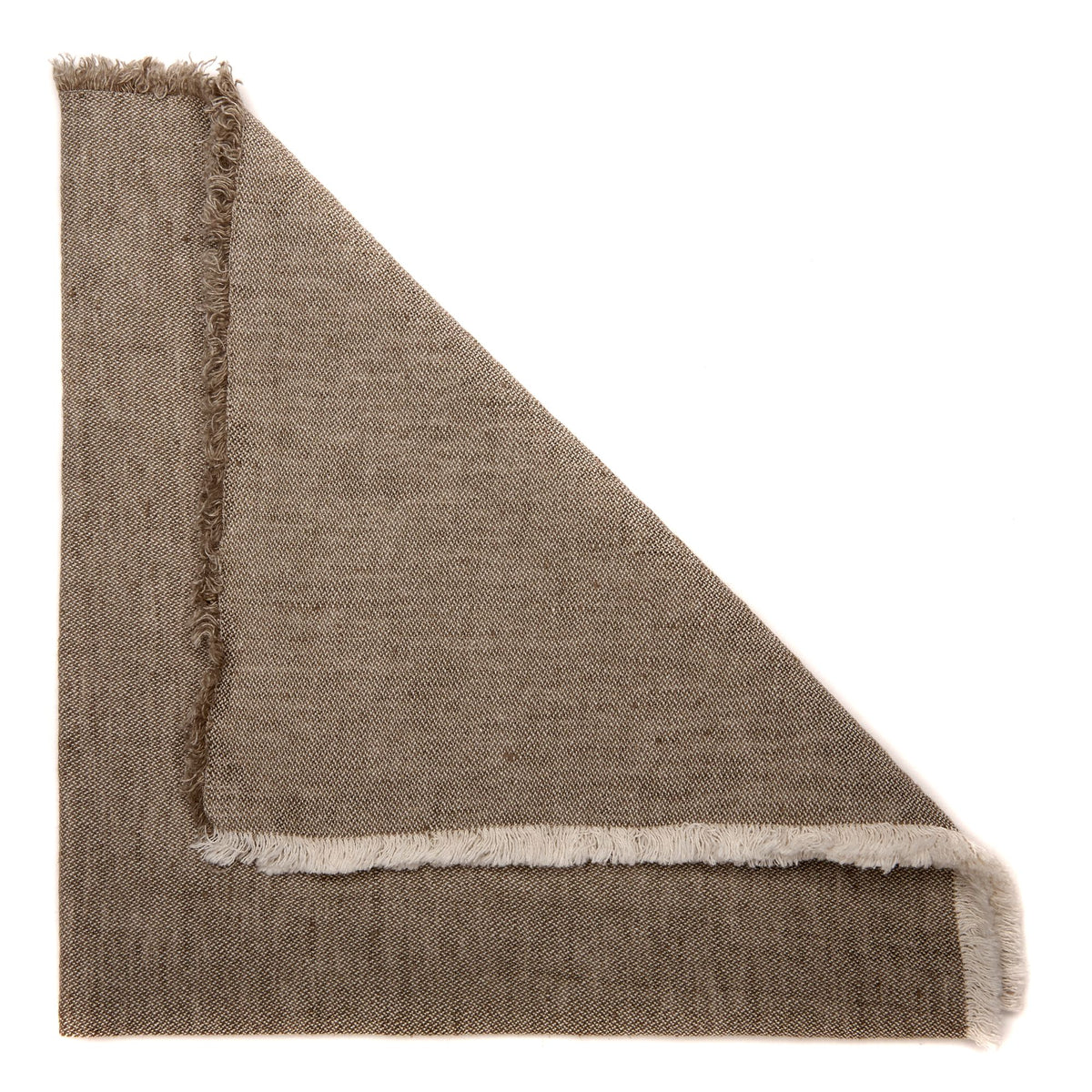 A Deborah Rhodes Woven Washed Fringe Napkin in taupe, shown folded to display both sides, features a square shape with gently frayed edges against a white background.