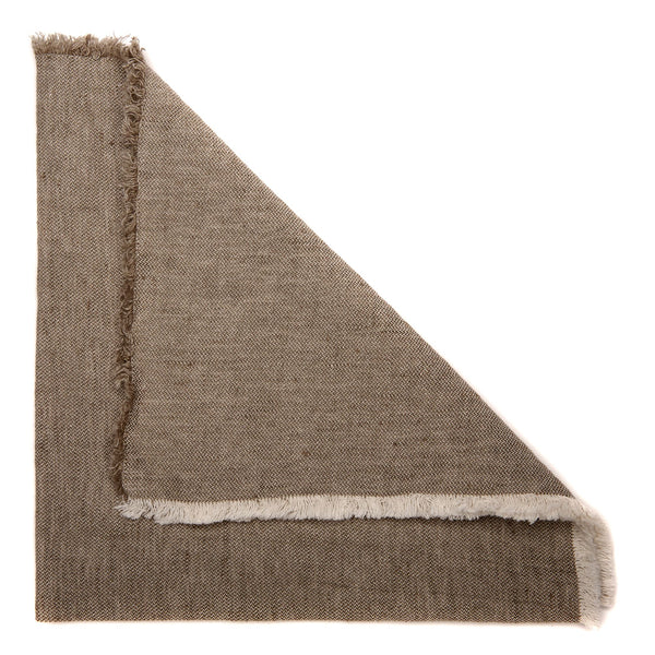 A Deborah Rhodes Woven Washed Fringe Napkin in taupe, shown folded to display both sides, features a square shape with gently frayed edges against a white background.