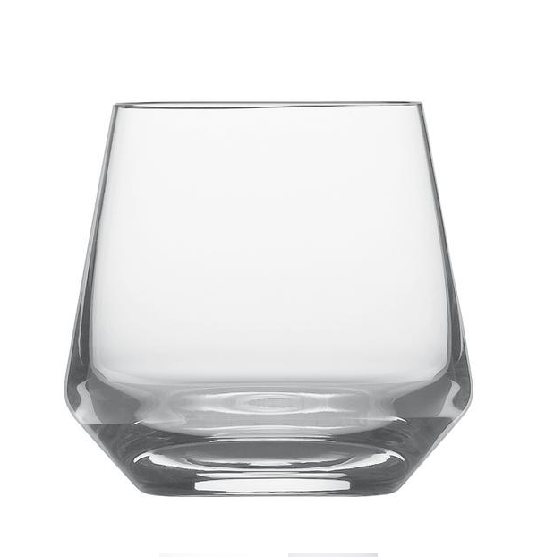 A clear, empty Zweisel Pure Barware glass tumbler by Zwiesel Fortessa features a wide, flat base and gently tapered sides, crafted from durable Tritan material and set against a white background.