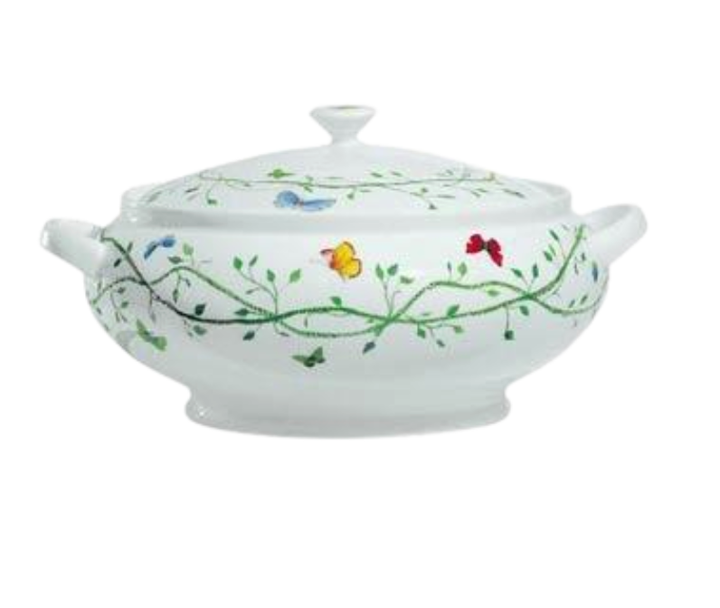 The Raynaud Histoire Naturelle Dinnerware features a white porcelain soup tureen with handles and lid, adorned with green vines, rare birds, and colorful butterflies—perfect for elevating your dining experience.