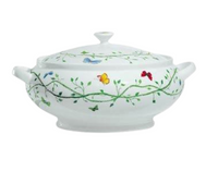 The Raynaud Histoire Naturelle Dinnerware features a white porcelain soup tureen with handles and lid, adorned with green vines, rare birds, and colorful butterflies—perfect for elevating your dining experience.