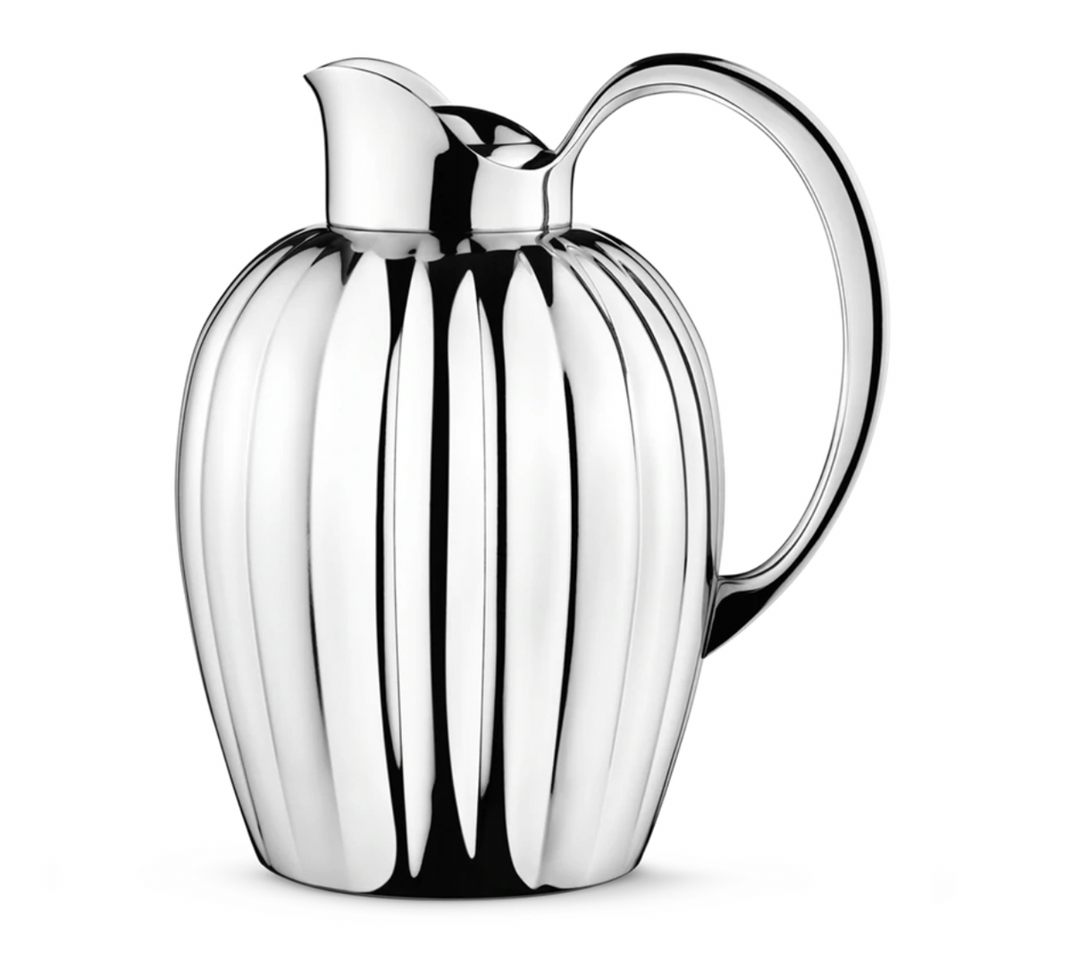 The Georg Jensen Bernadotte New Thermo Jug w/Push Stopper for coffee and tea features shiny, silver ribbed metal, a curved handle, and spout in Scandinavian style, photographed against a plain white background.