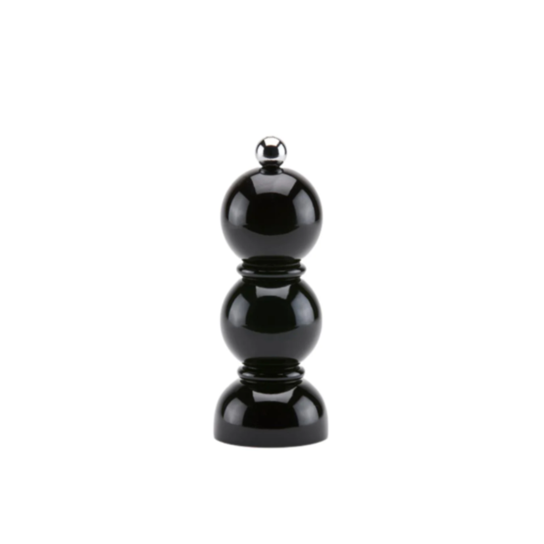 The Addison Ross Mini Bobbin Salt & Pepper Shaker features a glossy black, spherical stacked design with a metallic knob, high gloss lacquer finish, and durable ceramic grinder mill, set against a plain white background.