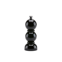 The Addison Ross Mini Bobbin Salt & Pepper Shaker features a glossy black, spherical stacked design with a metallic knob, high gloss lacquer finish, and durable ceramic grinder mill, set against a plain white background.