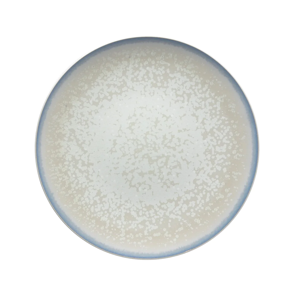 The Song Dinnerware Perle - Agoro by Jaune De Chrome is a round, high-fired porcelain plate with a white speckled center and subtle blue-gray rim, perfect for elegant table settings. Seen from above on a white background.