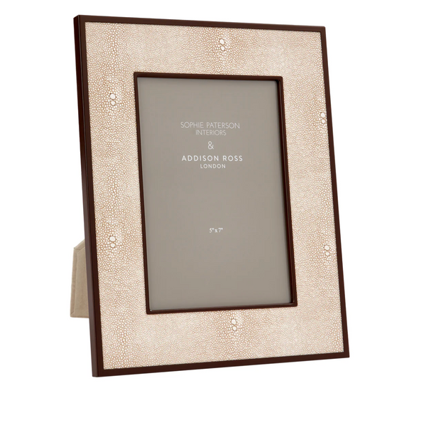 The Addison Ross Faux Shagreen Frame in Ecru & Bronze features a cream finish with a bronze border, stands upright with a visible back stand, and currently displays a placeholder with text.