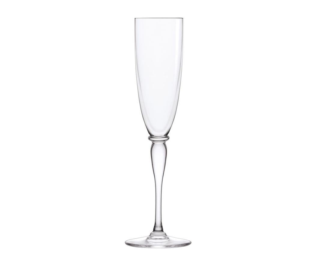 An empty Amadeus Stemware champagne flute by Saint-Louis, featuring a long slender stem and tall narrow bowl, is set against a plain white background.