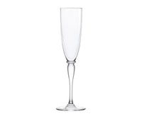 An empty Amadeus Stemware champagne flute by Saint-Louis, featuring a long slender stem and tall narrow bowl, is set against a plain white background.