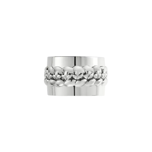 Christofle Babylon Silver Plated Napkin Ring Set 4, featuring a silver-plated ring with a central decorative band of braided metal between two smooth edges.