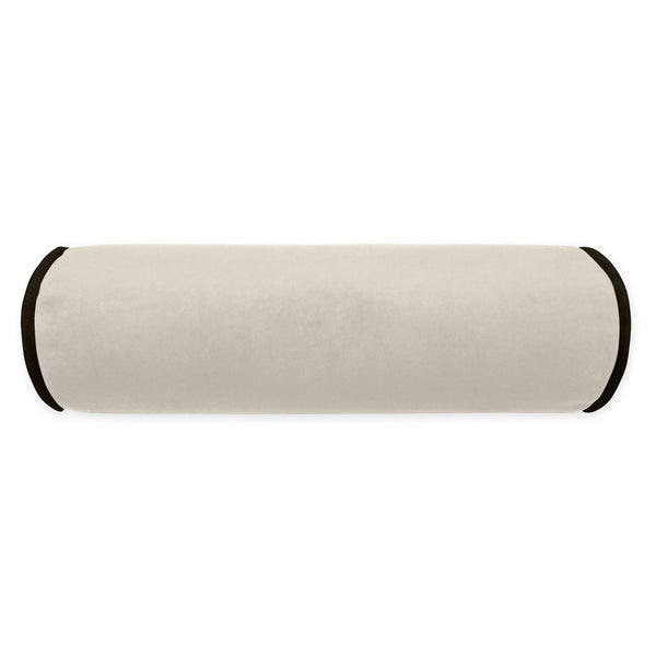 The Posh Roll Pillow Ivory 7 x 21 by D.V. KAP / Canaan Company features a light beige cover with dark ends, providing stylish lumbar support for modern interiors. Shown against a white background.