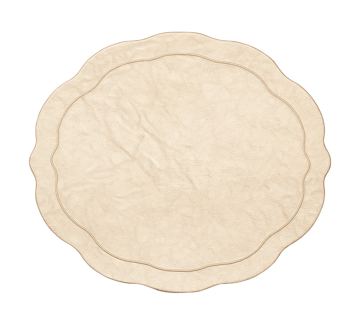 Gold, scalloped-edged, round faux leather placemat with a subtle textured pattern and a stitched border by Kim Seybert. Product name: Tailored Placemat s/4 - Gold.