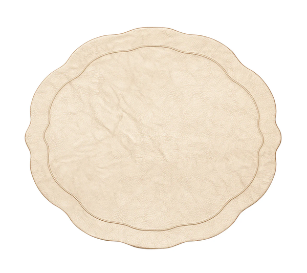 Gold, scalloped-edged, round faux leather placemat with a subtle textured pattern and a stitched border by Kim Seybert. Product name: Tailored Placemat s/4 - Gold.