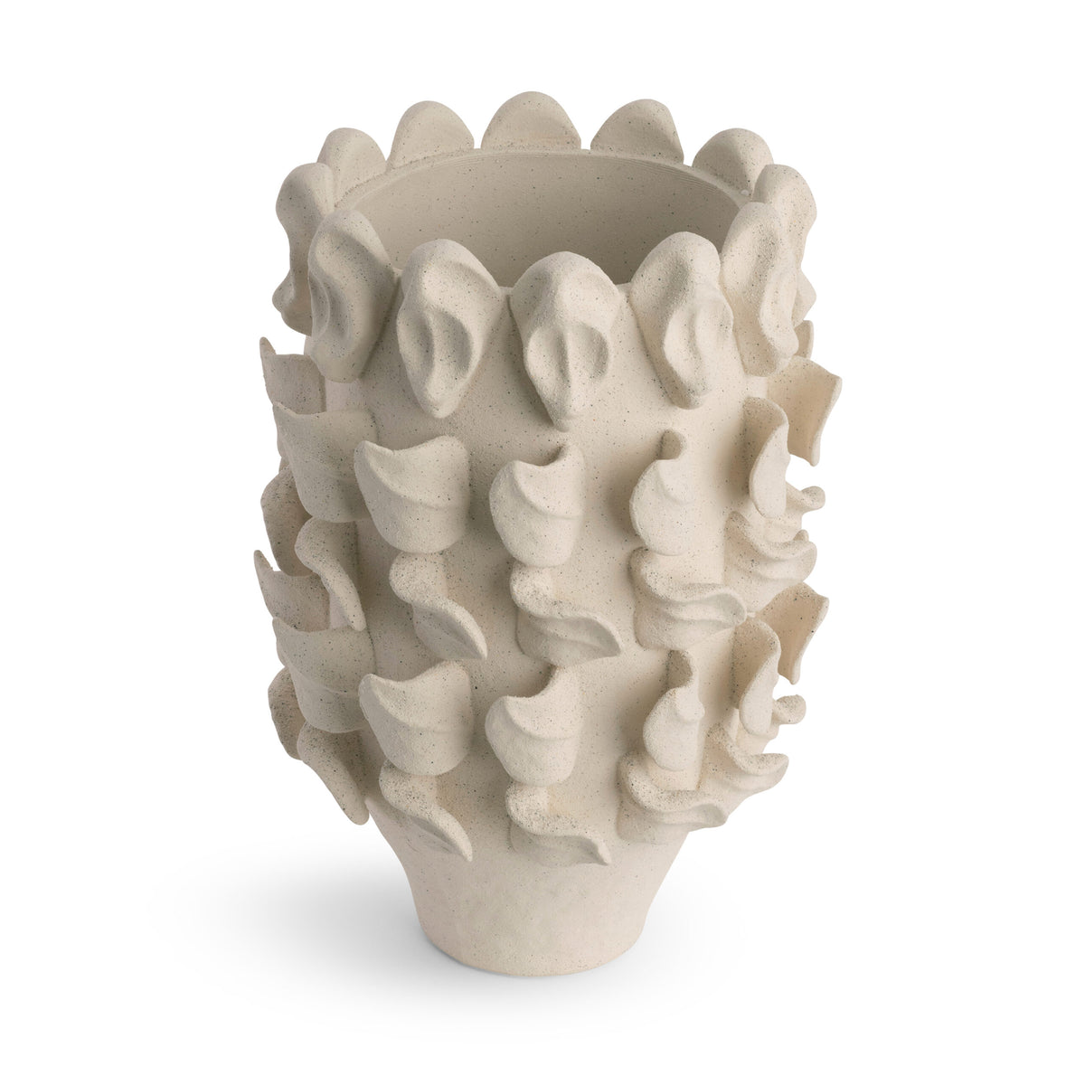 The Yvette Vase by FlowDecor Inc. is a cream ceramic piece adorned with rows of sculpted ear shapes, giving it a uniquely textured and artistic look.