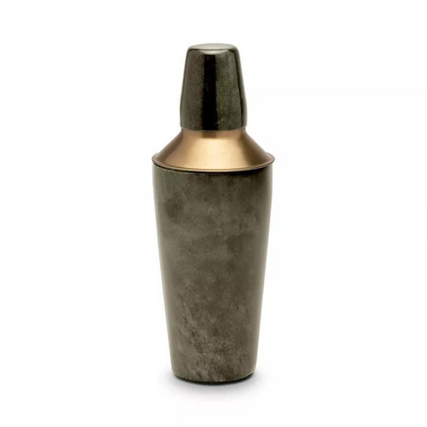 The Nelson Grey Vellum Cocktail Shaker by Blue Pheasant is a metallic shaker with a dark brushed body and gold-toned cap and collar, shown standing upright on a white background—an ideal addition to any home bar.