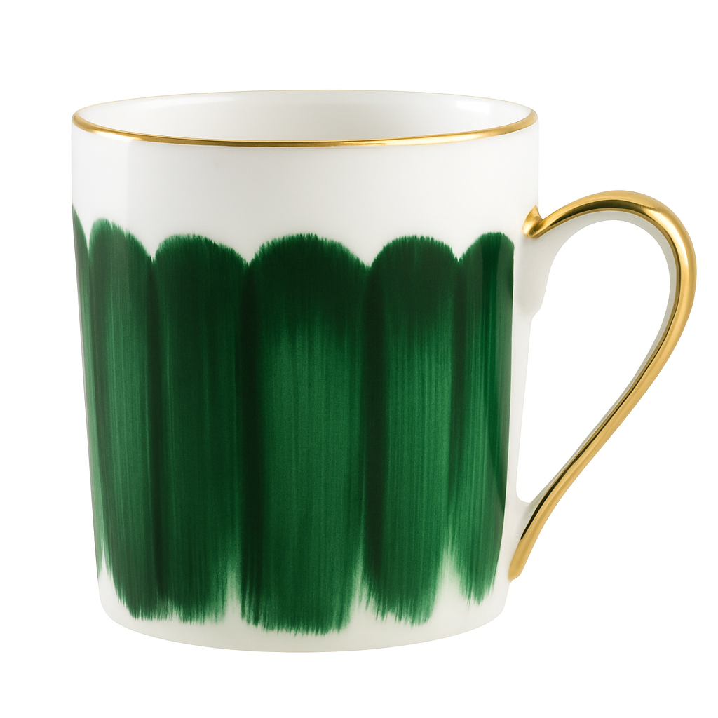 The Marie Daage Panache mug by Marie Daâge is a white ceramic mug with vertical green brushstroke patterns and gold accents on the rim and handle, inspired by luxury hand-painted porcelain tableware, shown on a white background.