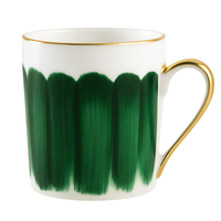 The Marie Daage Panache mug by Marie Daâge is a white ceramic mug with vertical green brushstroke patterns and gold accents on the rim and handle, inspired by luxury hand-painted porcelain tableware, shown on a white background.