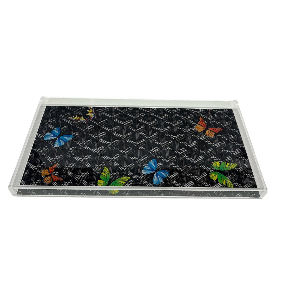 The Eye Candy Grandeur Tray - Maison Black w/ Butterflies features a black background with a subtle geometric pattern and vibrant blue, orange, yellow, and green butterflies—an elegant decorative serving tray for any space.