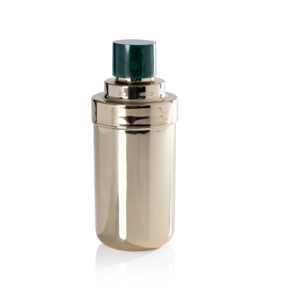 The Zodax Spector Cocktail Shaker - Gold / Green features a shiny metallic gold body and a dark green marbled lid, shown upright against a white background.
