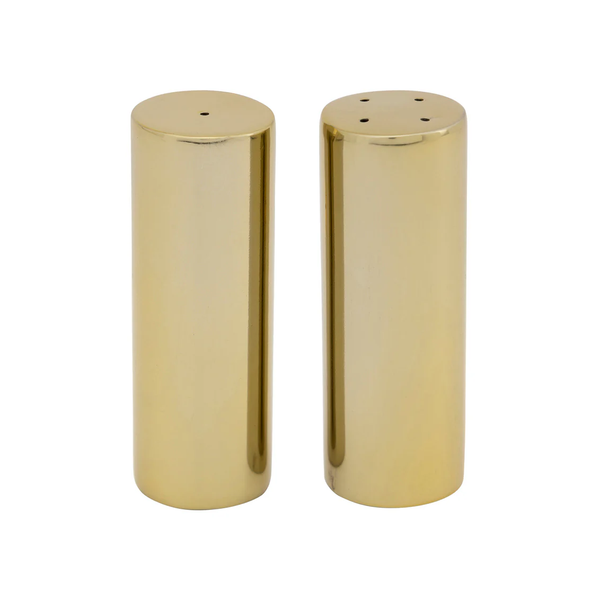 The Cerro Salt & Pepper Shaker Set by Godinger features two gold-colored cylindrical shakers standing upright on a white background; the left shaker has two holes and the right has three holes on top.