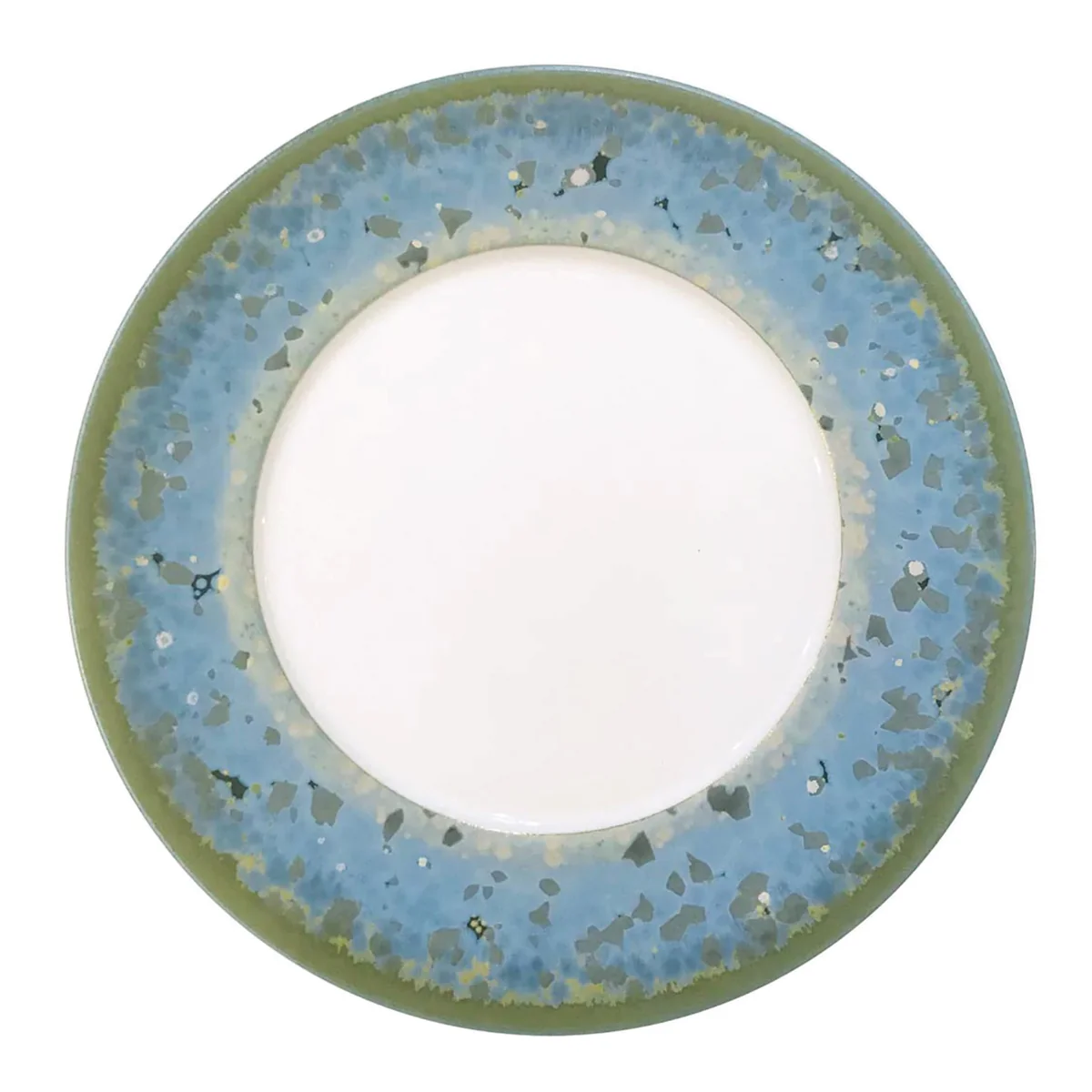 The Nymphea Dinnerware by Jaune De Chrome features a round ceramic plate with a white center, wide blue and green mottled border, olive-green rim, and watercolor-inspired decorative edge reminiscent of Limoges porcelain.
