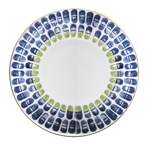 The Marie Daâge Marie Daage Ronde de Maille 1 is a round white Limoges porcelain plate with a hand-painted border of blue and green oval brushstrokes, showcasing exquisite tableware from Marie Daâge.