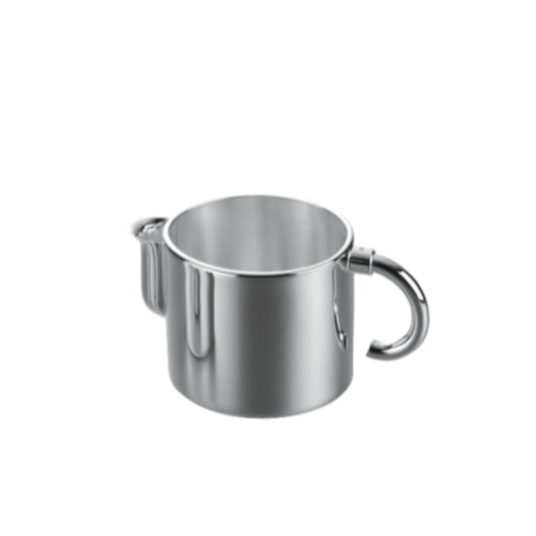 The Christofle Vertigo Silver Plated Creamer features a side spout and a large, round handle, showcased against a plain white background as an elegant tea accessory.