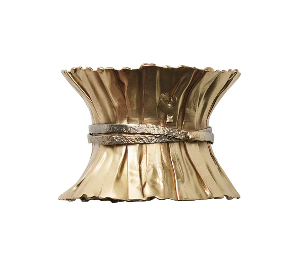 The Kim Seybert Clinched Napkin Ring in Gold & Silver, Set of 4, features textured brass shaped like a wheat bundle with a central band, adding elegance to modern table settings. Shown on a white background.