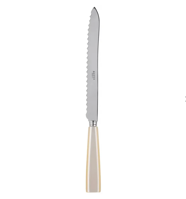 The Sabre Icone Bread Knife - Pearl features a serrated silver blade and a light beige handle, made in France, and is shown against a white background.