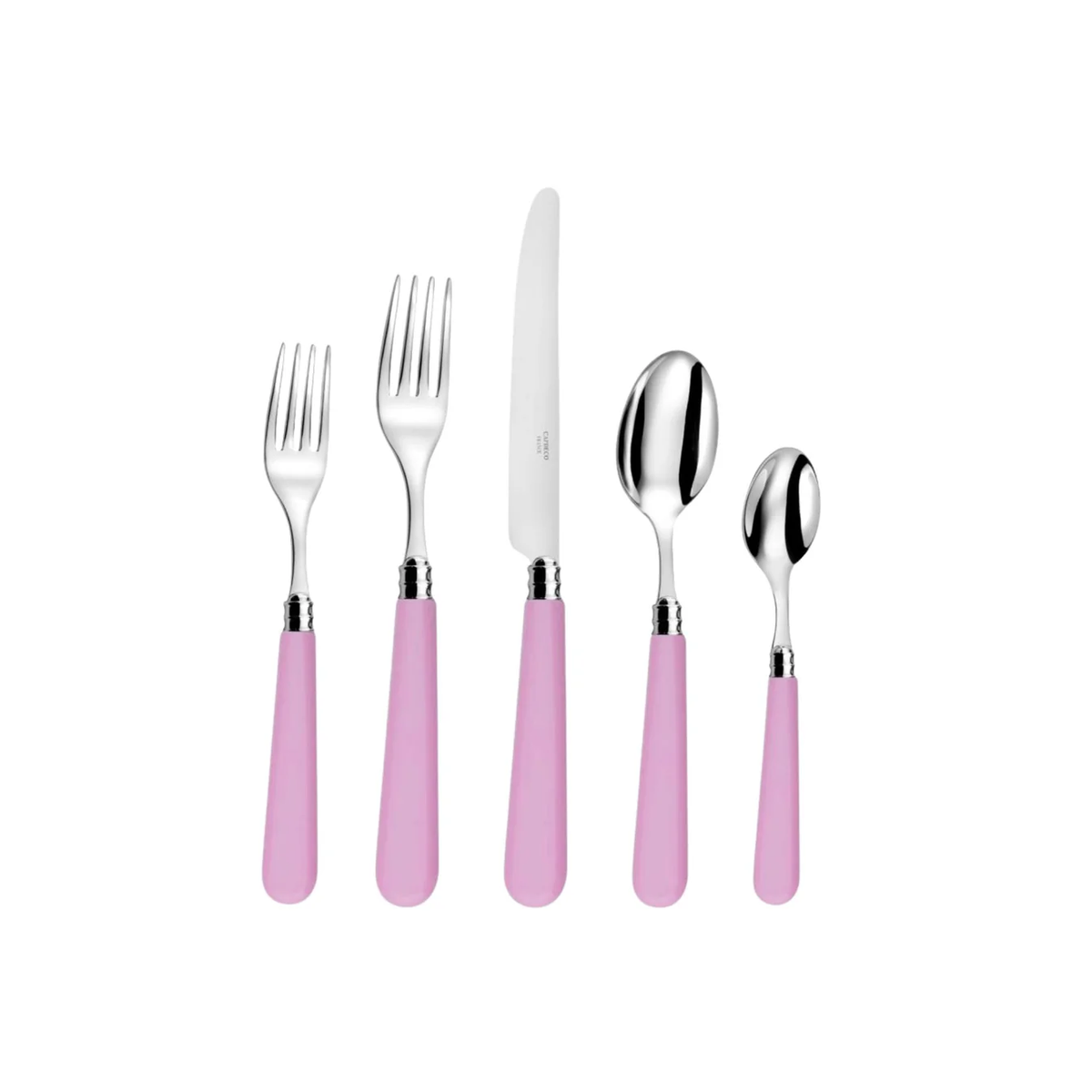 Five pieces from Capdeco’s Altea Flatware 5 PPS—dinner fork, salad fork, knife, soup spoon, and teaspoon—feature shiny metal tops and pink handles, displayed side by side on a white background.