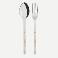 The Sabre Bistrot Shiny Serving Set – Faux Horn includes a metal spoon and fork with polished heads and marbled cream handles secured by three rivets, shown side by side on a white background.