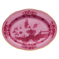 The Oriente Italiano Oval Platter - Large by Ginori 1735 features ornate pink floral and lattice designs in rich hues, accented with a delicate gold rim.