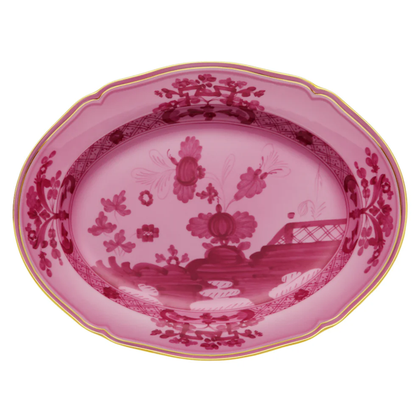 The Oriente Italiano Oval Platter - Large by Ginori 1735 features ornate pink floral and lattice designs in rich hues, accented with a delicate gold rim.