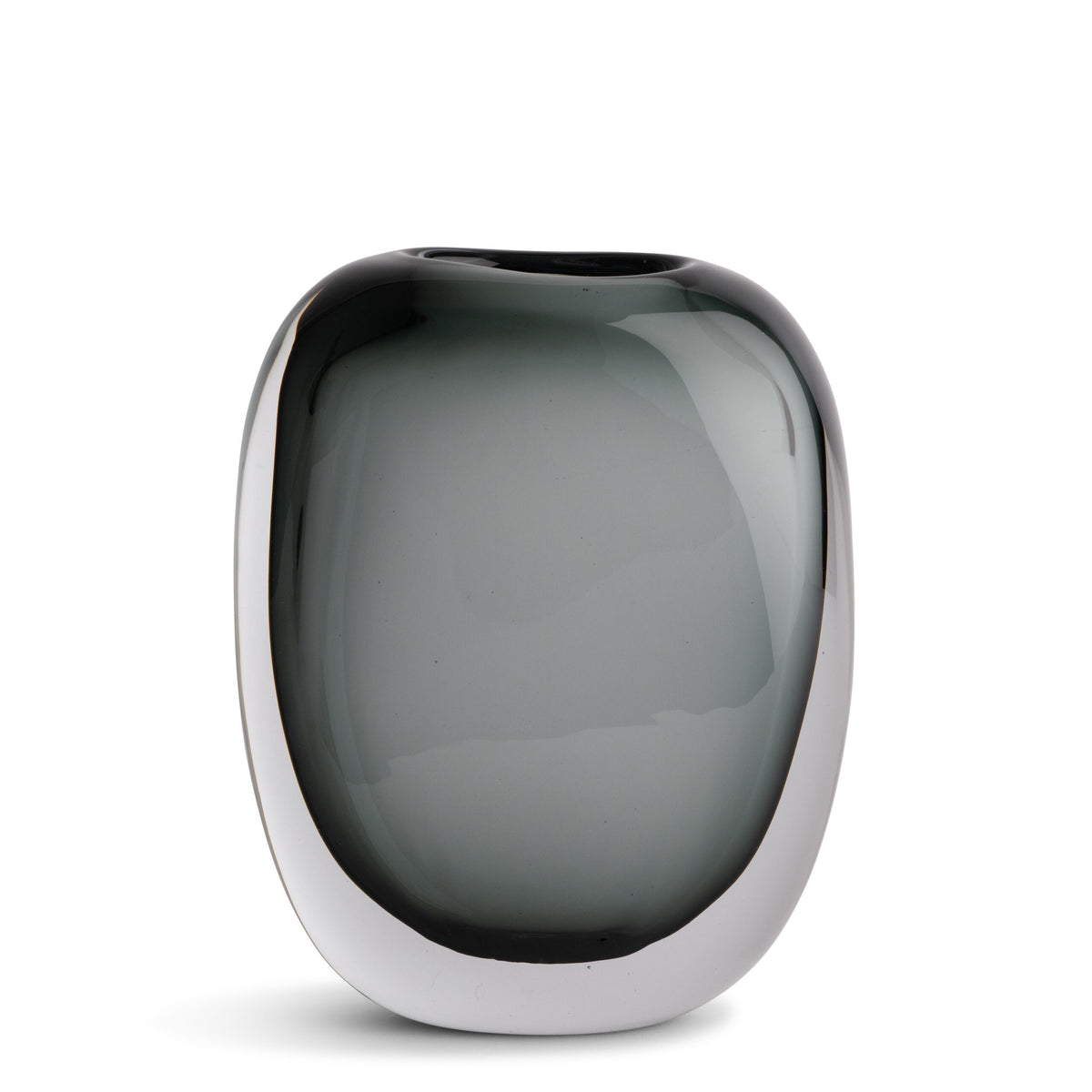 The Paul Vase by FlowDecor Inc. features a modern oval shape in smokey grey glass with a silver rim, bringing sophisticated style to any home décor, especially when displayed against a white backdrop.