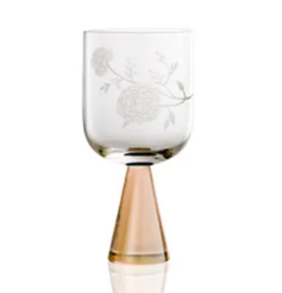 The Peony Goblet Set of 2 by Current Home features clear glass with floral engraving and short, conical gold-colored stems. Ideal for fans of handcrafted glassware. Photographed on a white background.