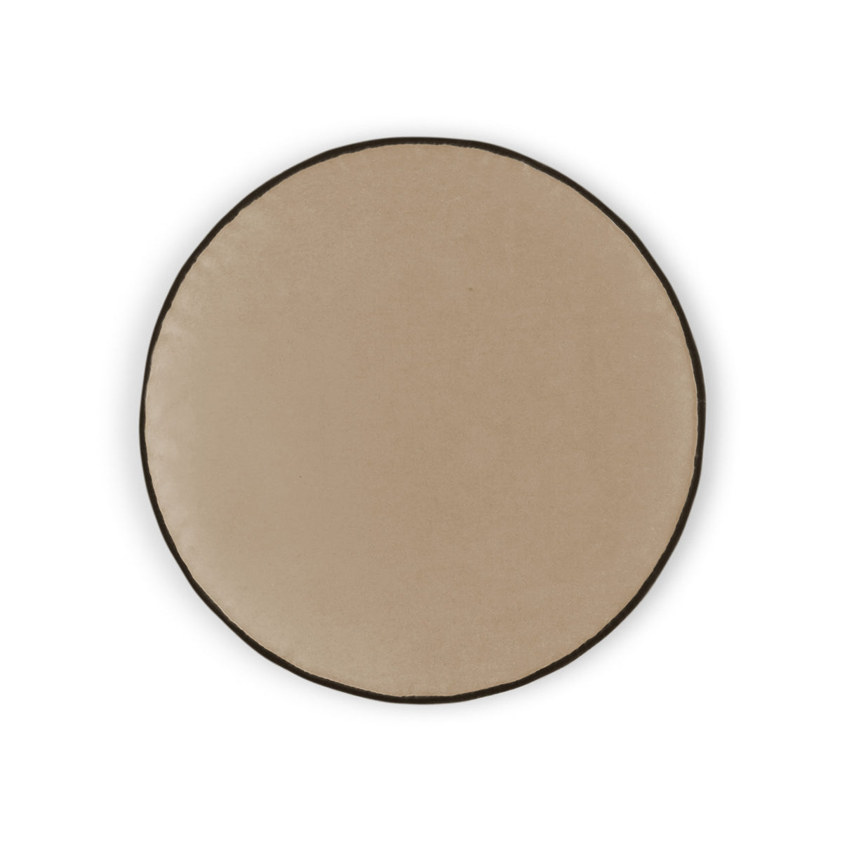 The Posh Circle Pillow 18″D - by D.V. KAP / Canaan Company is a round, beige pillow with a dark border, shown from above on a white background.
