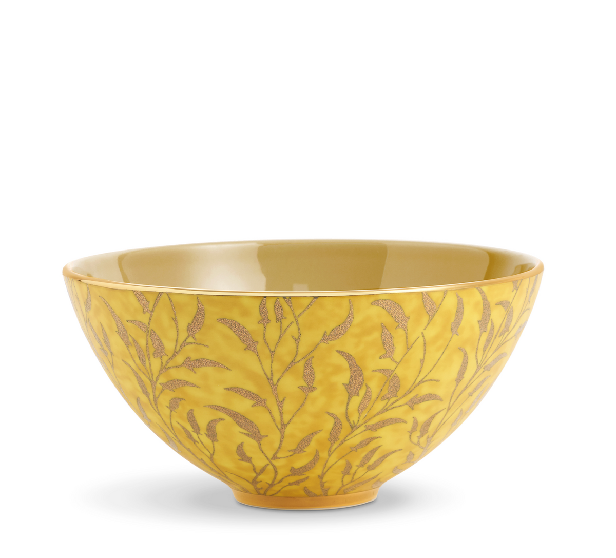 The L'Objet Fortuny Orfeo Serving Bowl Yellow - Medium features a glossy finish, brown leafy branch pattern, and subtle gold detailing around the exterior, all set against a white background.
