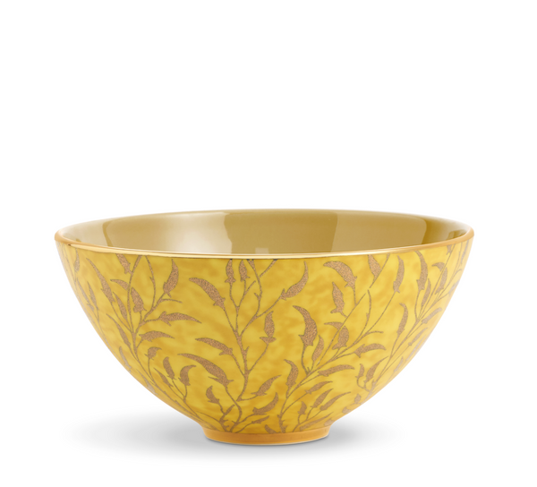 The L'Objet Fortuny Orfeo Serving Bowl Yellow - Medium features a glossy finish, brown leafy branch pattern, and subtle gold detailing around the exterior, all set against a white background.