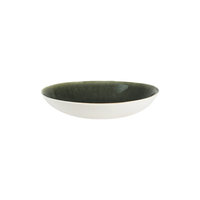 The Maguelone Orage Dinnerware by Jars - Rosenthal is a handcrafted shallow ceramic bowl, featuring a white exterior and dark green gradient interior, displayed against a plain white background.