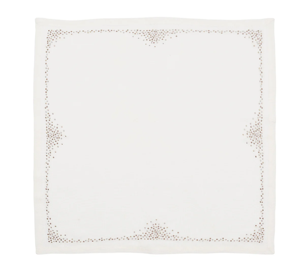 The Pin Dot Napkin White, Natural & Gray Set of 4 by Kim Seybert features a subtle dotted border in each corner, adding a refined and elegant touch to any table setting.