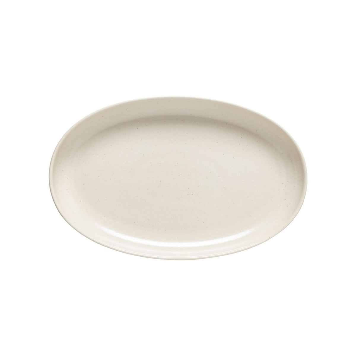 A smooth, oval, off-white ceramic plate from Costa Nova’s Pacifica Vanilla Dinnerware is set against a white background.