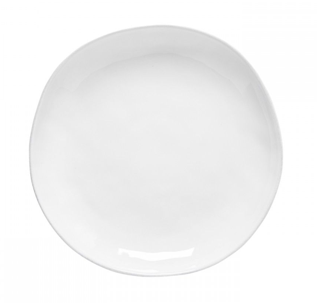 The Livia Dinnerware White plate by Casafina/Costa Nova is a sleek round ceramic piece, ideal for modern table settings and a perfect addition to any stoneware dinner set.