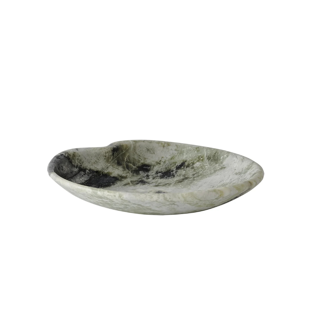 The Lily Marble Bowl Irish Green by Greg Natale is a shallow, oval ceramic bowl with a marbled pattern, shown against a plain white background.