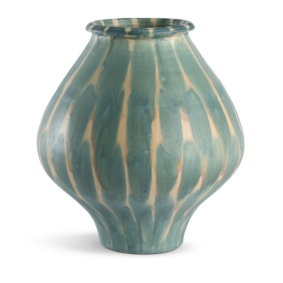 The Jace Vase by FlowDecor Inc. is a ceramic piece with a bulbous silhouette and narrow base, highlighted by its glossy green and beige striped design.