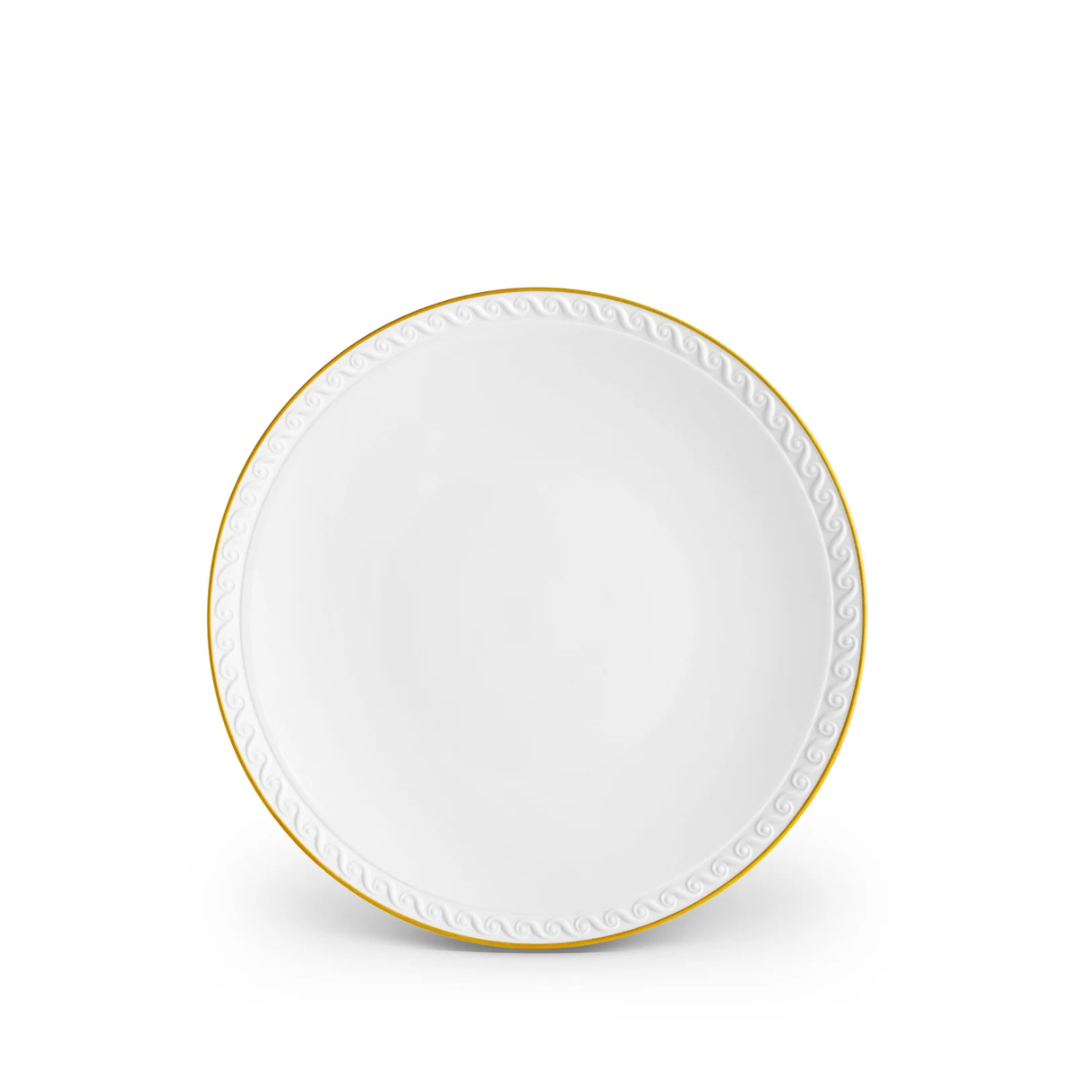 Neptune Gold by L’Objet is a white fine porcelain plate featuring a 24k gold rim and a debossed wave pattern, showcasing the brand’s signature elegance.