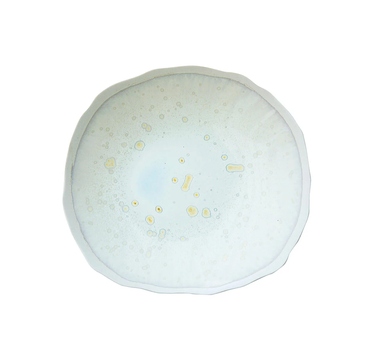 The Plume Nacre Salad Plate by Jars is a light blue ceramic plate featuring an irregular scalloped shape, speckled organic pattern, and subtle artisan effect.
