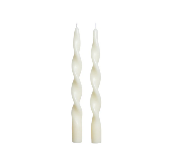 Two off-white Brilliance Twist Candle Set 2- soy candles with an artisanal, twisted spiral design.