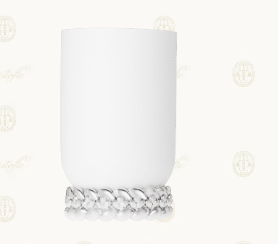 The Babylone Vase by Christofle is a handmade white porcelain cylinder with braided texture at the base, crafted in France and shown against a light background with subtle decorative watermark logos.